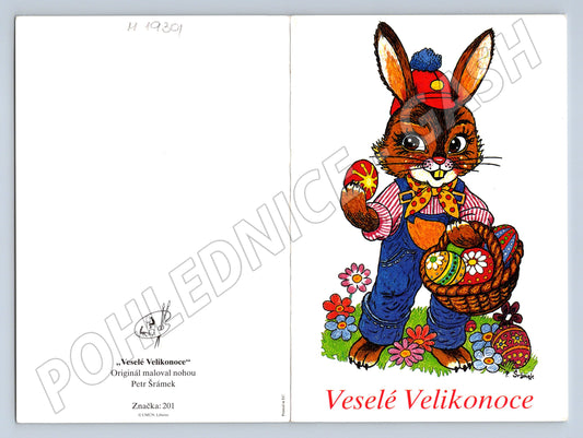 Pohlednice Velikonoční zajíček s košíkem a vajíčky (M19301)