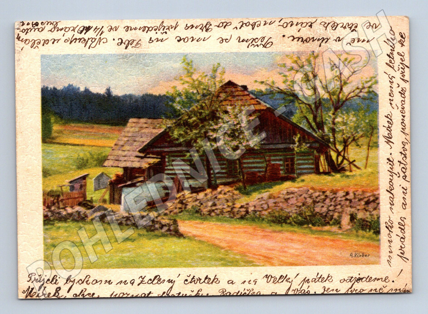 Pohlednice roubená chalupa ČR malíř A Kürber Rok 1939 (M19311)
