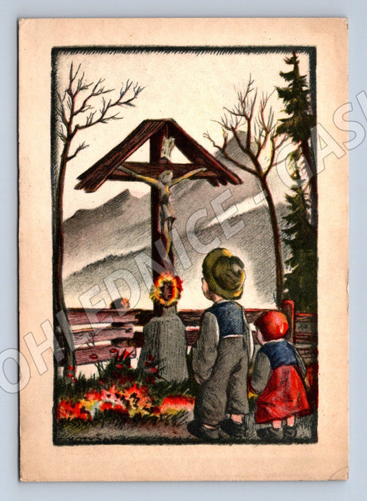 Pohlednice děti v kroji u kříže venkovský motiv (M19312)