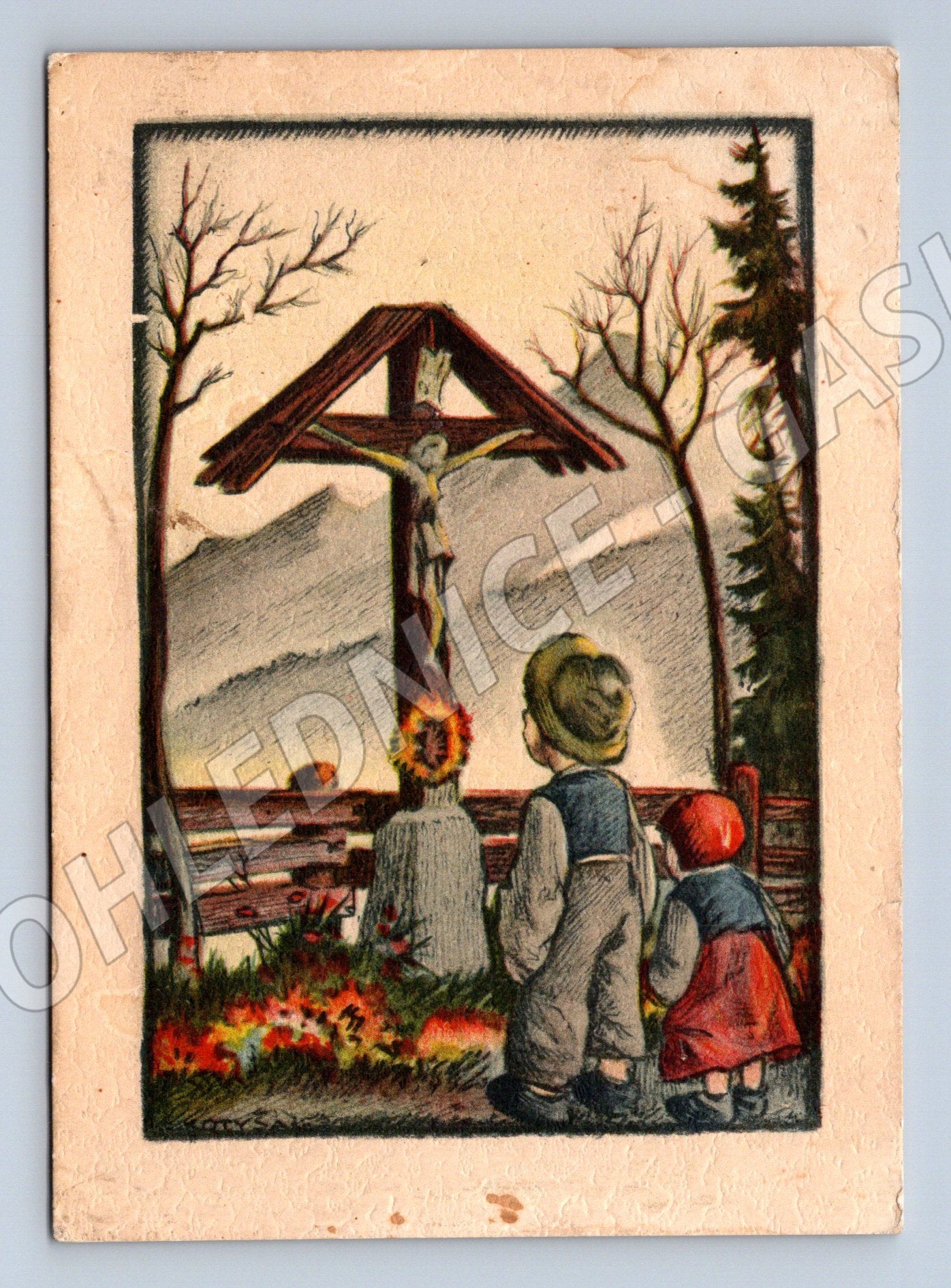 Pohlednice Etnografická pohlednice děti u křížku Českoslovens (M19313)