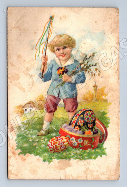 Pohlednice Velikonoce chlapec s pomlázkou ČR do 1950 (M19333)
