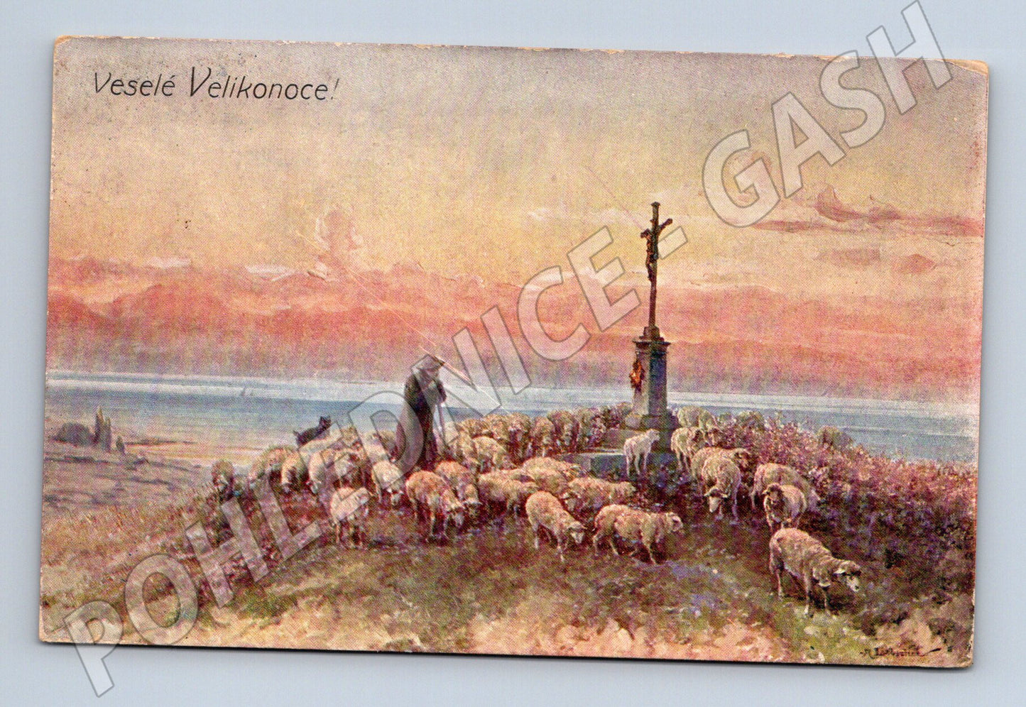 Pohlednice Velikonoční pastýř s ovcemi malý formát do 1950 (M19352)