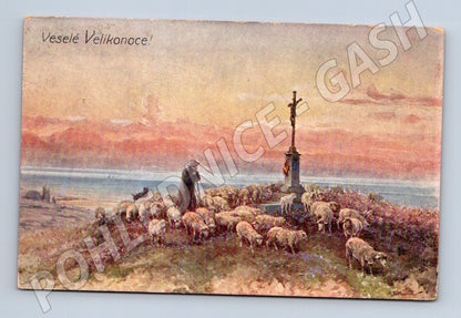 Pohlednice Velikonoční pastýř s ovcemi malý formát do 1950 (M19352)