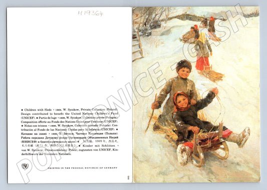 Pohlednice UNICEF Děti na saních Witold Sosnowski velký formá (M19364)
