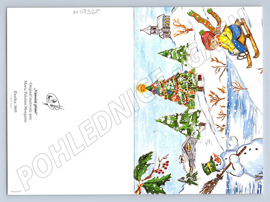 Pohlednice Vánoční malovaná ústy motiv dítě na saních a sněhu (M19368)