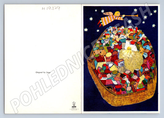 Pohlednice anděl a město ručně zdobená Barevná česká (M19379)