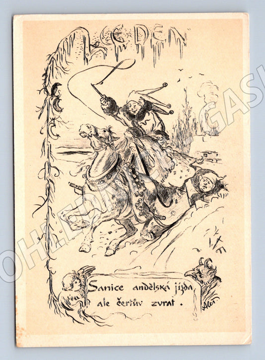 Pohlednice M Aleš čertíci na saních Radostné Vánoce (M19389)