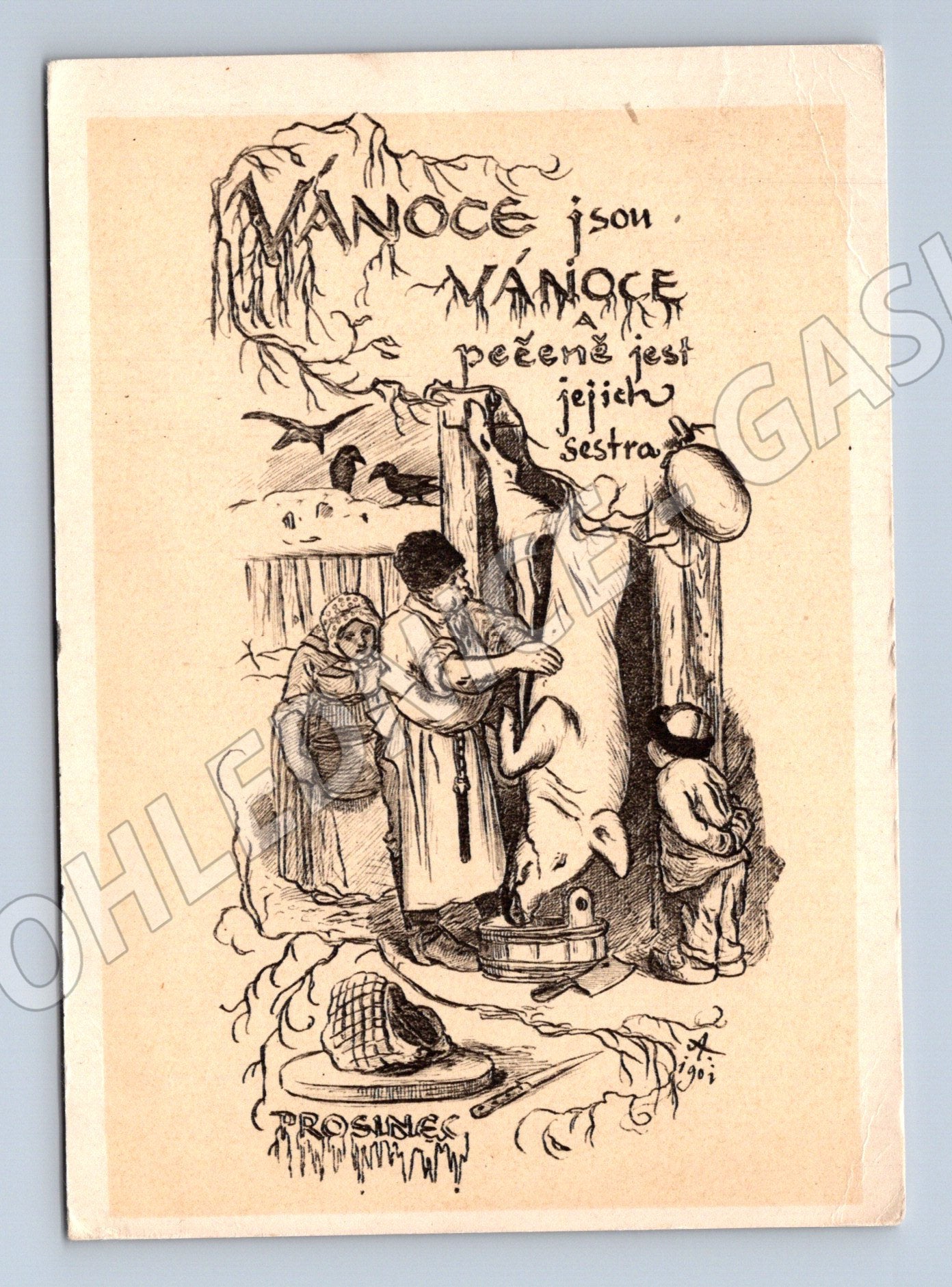 Pohlednice Mikoláš Aleš Vánoce zabíjačka humor (M19395)