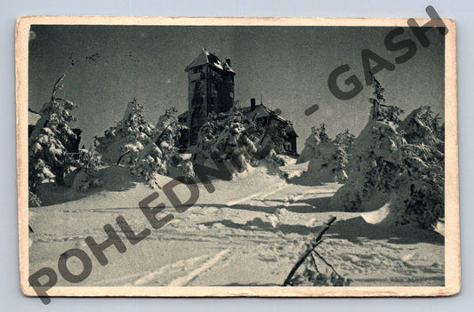 Pohlednice Ještěd zasněžený zimní motiv raz 1940 (M1940)