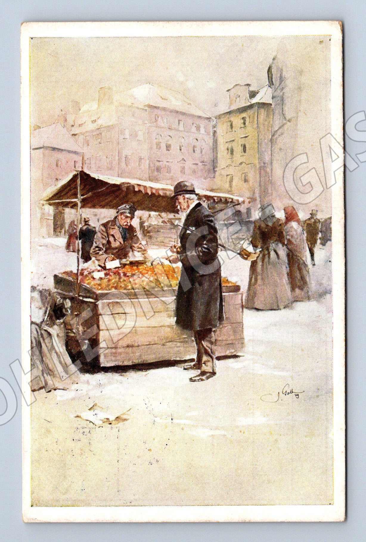 Pohlednice malovaný zimní trh ČSR malý formát (M19406)