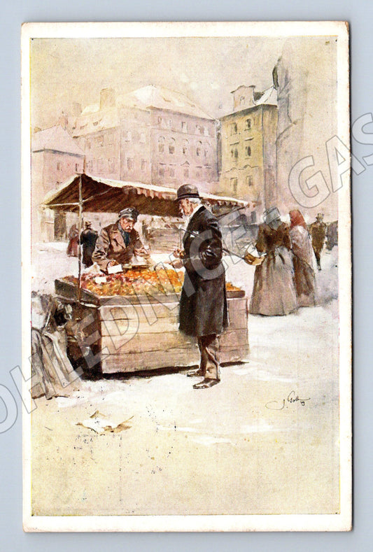 Pohlednice malovaný zimní trh ČSR malý formát (M19406)