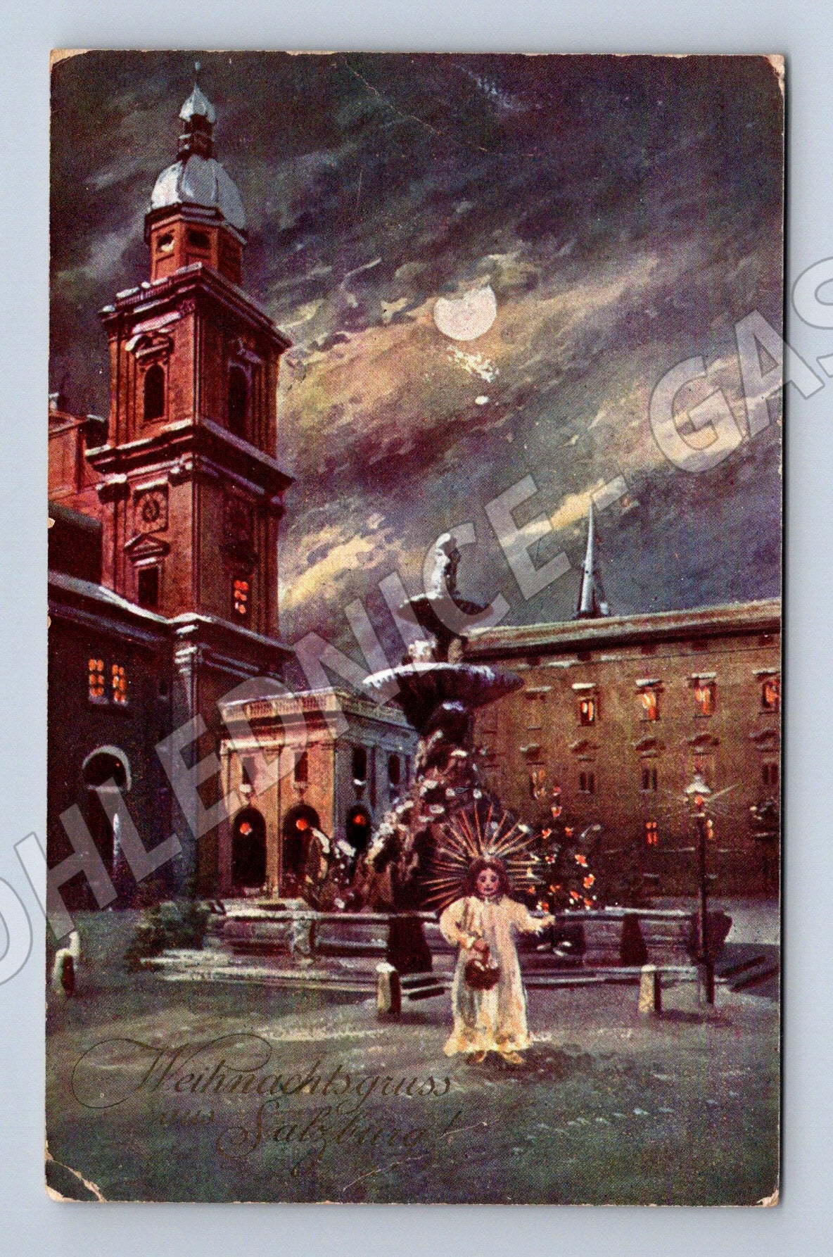 Pohlednice noční město věž 1938 poštovně prošlé (M19409)