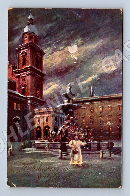 Pohlednice noční město věž 1938 poštovně prošlé (M19409)