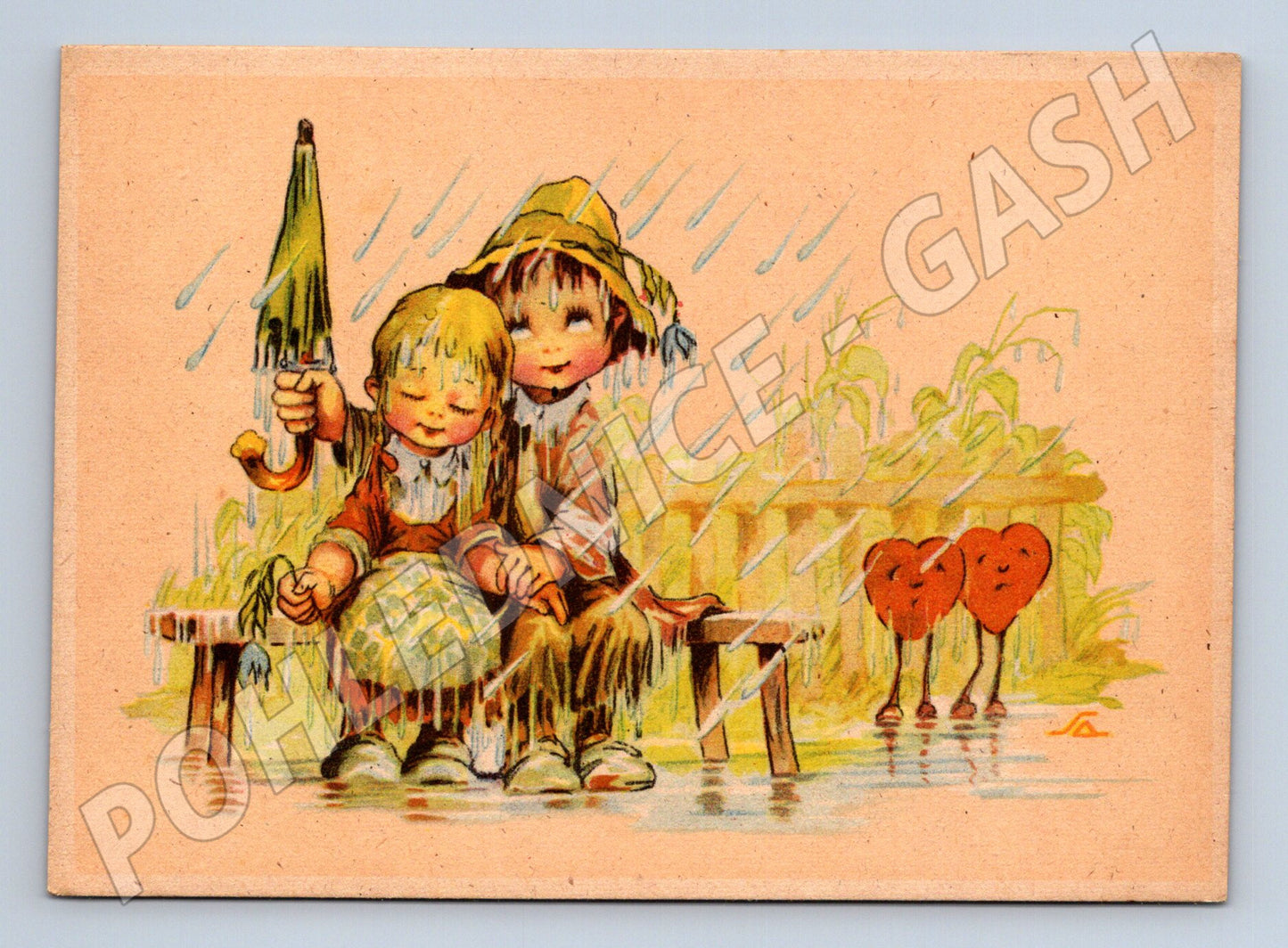 Pohlednice dvě děti v dešti Salač (M19416)