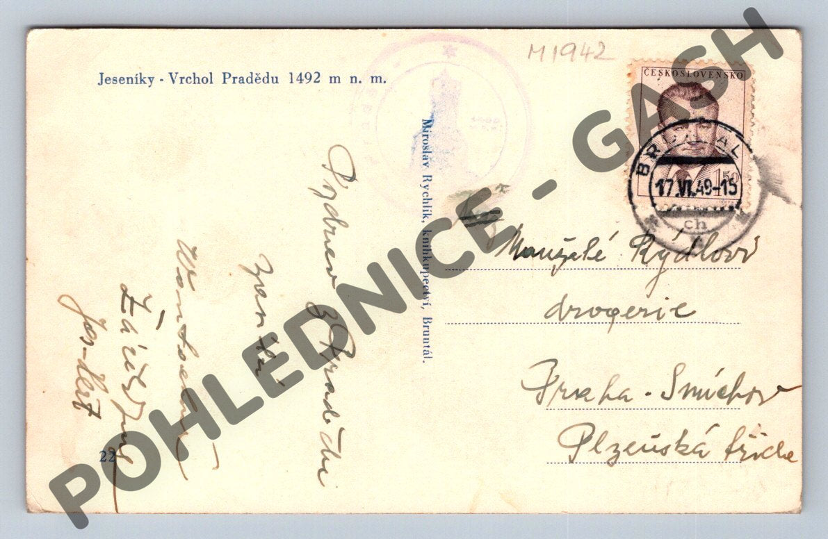 Pohlednice Jeseníky Praděd 1492 m rozhledna 1949 zn (M1942)