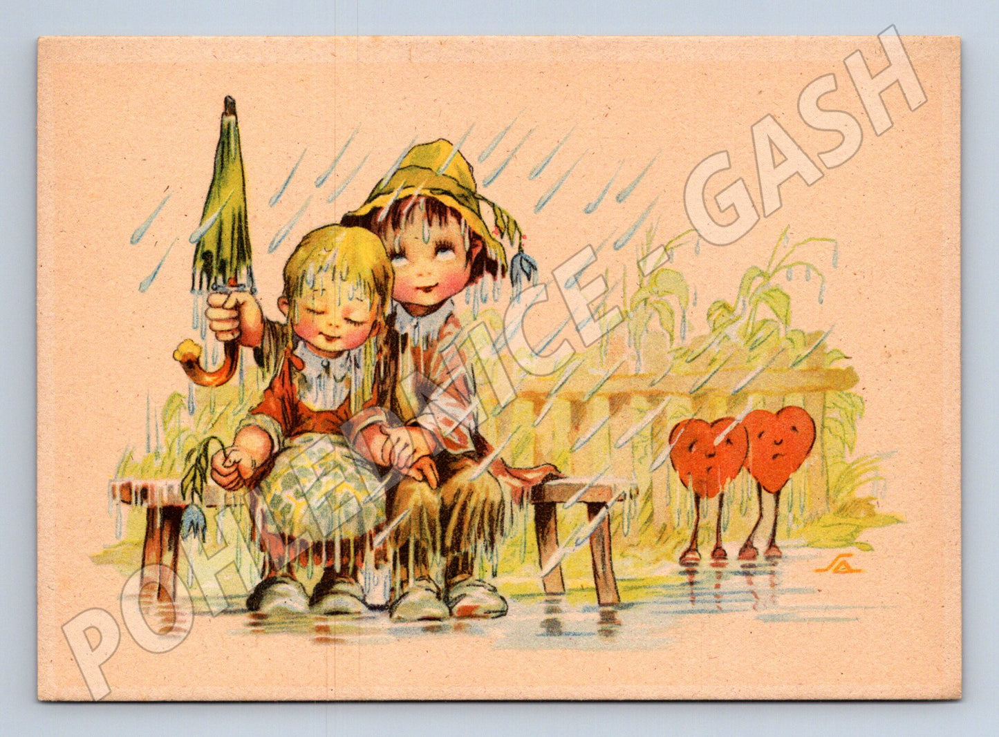 Pohlednice Ilustrovaná dvě děti v dešti Salač (M19420)