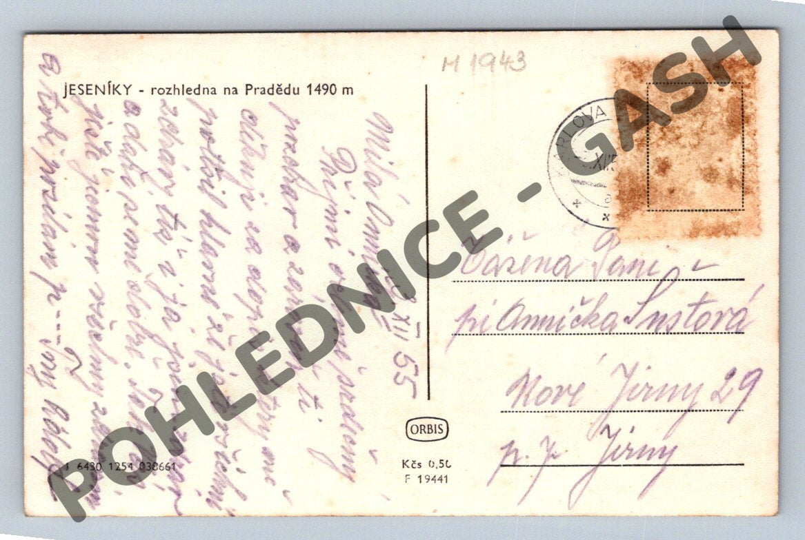 Pohlednice Jeseníky rozhledna na Pradědu ČB zaslaná 1943 (M1943)