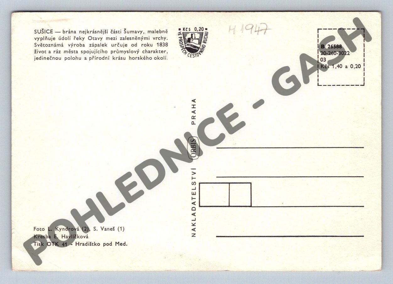Pohlednice Sušice město zápalek Šumava Orbis (M1947)