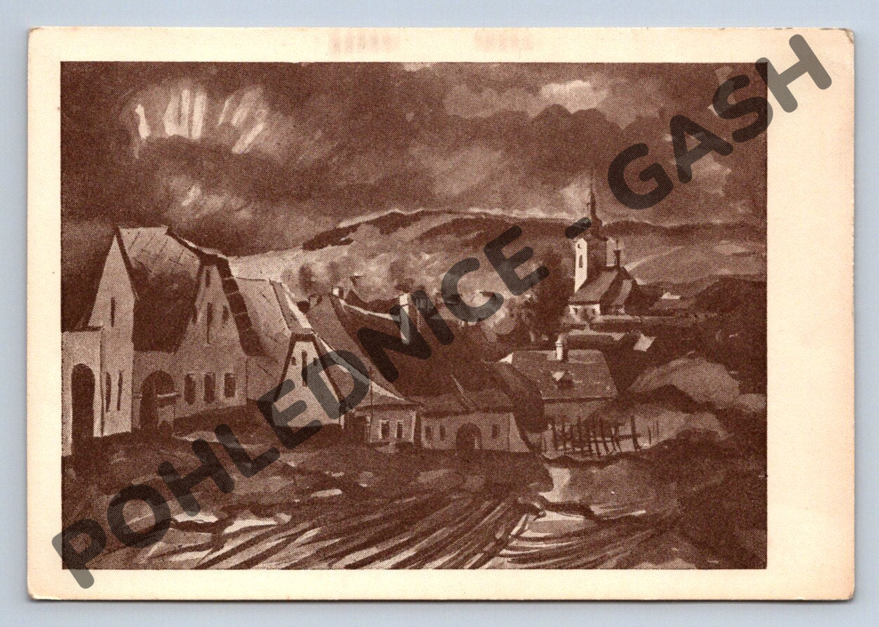 Pohlednice Husinec večer Souček Jan Hus raz 1958 (M1958)