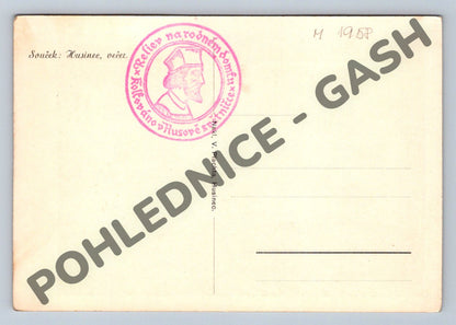 Pohlednice Husinec večer Souček Jan Hus raz 1958 (M1958)
