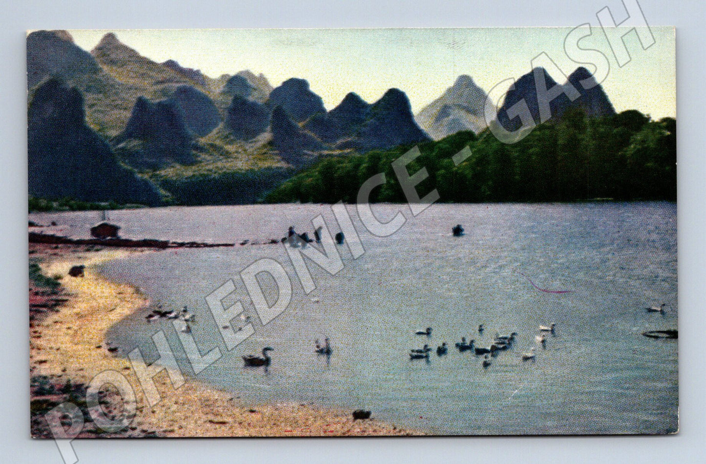 Pohlednice Asie řeka kuželovité hory vodní ptactvo (M19660)