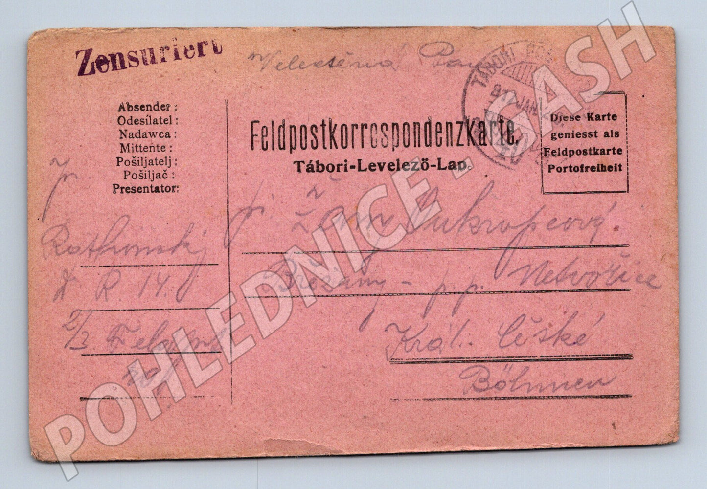 Pohlednice Feldpost 1. světová válka ČR cenzurováno (M19717)