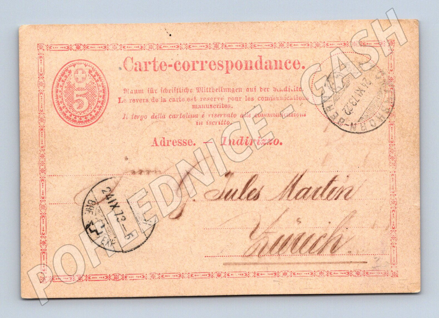 Pohlednice Švýcarská korespondenční karta Zürich razítky 1873 (M19728)