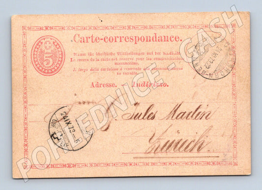 Pohlednice Švýcarská korespondenční karta Zürich razítky 1873 (M19728)