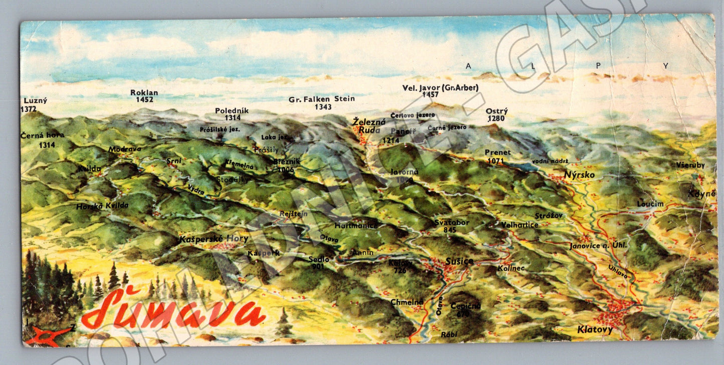Pohlednice Šumava kreslená mapa Orbis Praha (M19739)