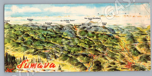 Pohlednice Šumava kreslená mapa Orbis Praha (M19739)