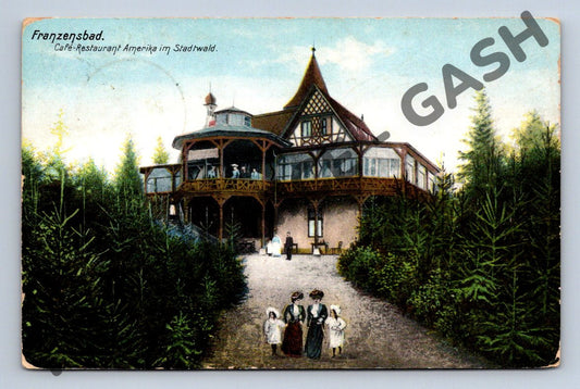 Pohlednice Franzensbad Café Restaurant Amerika městský les 1908(M1981)