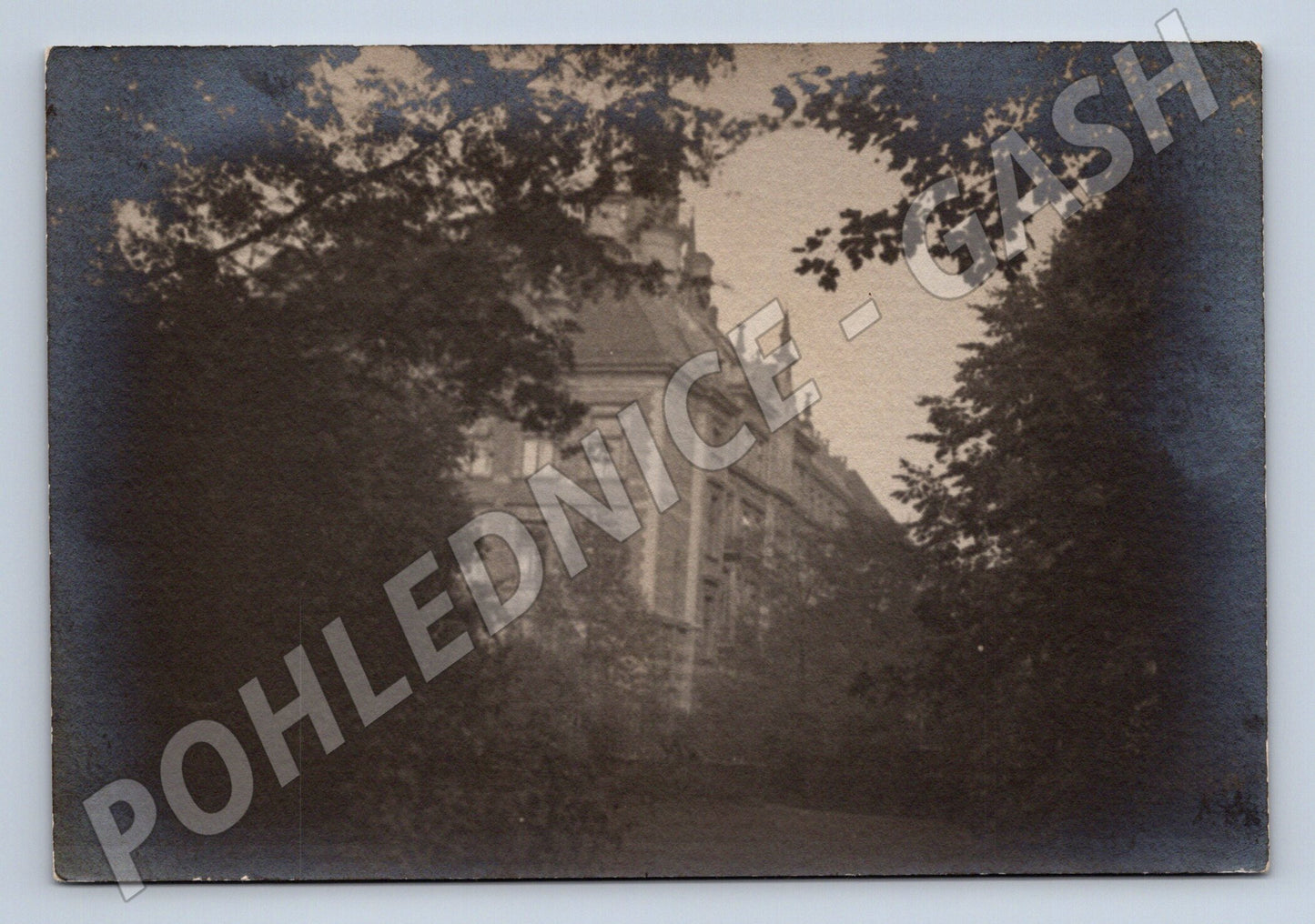 Pohlednice historická budova mezi stromy začátek 20 století (M19858)