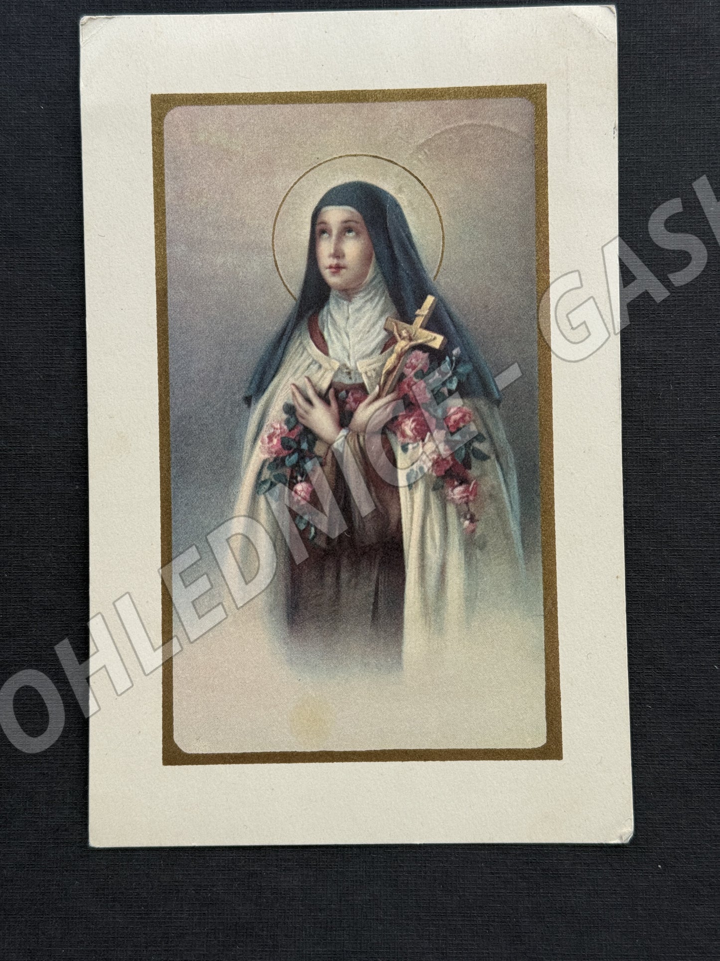 Pohlednice Svatá Terezička s křížem a růžemi 1938 (M20124)