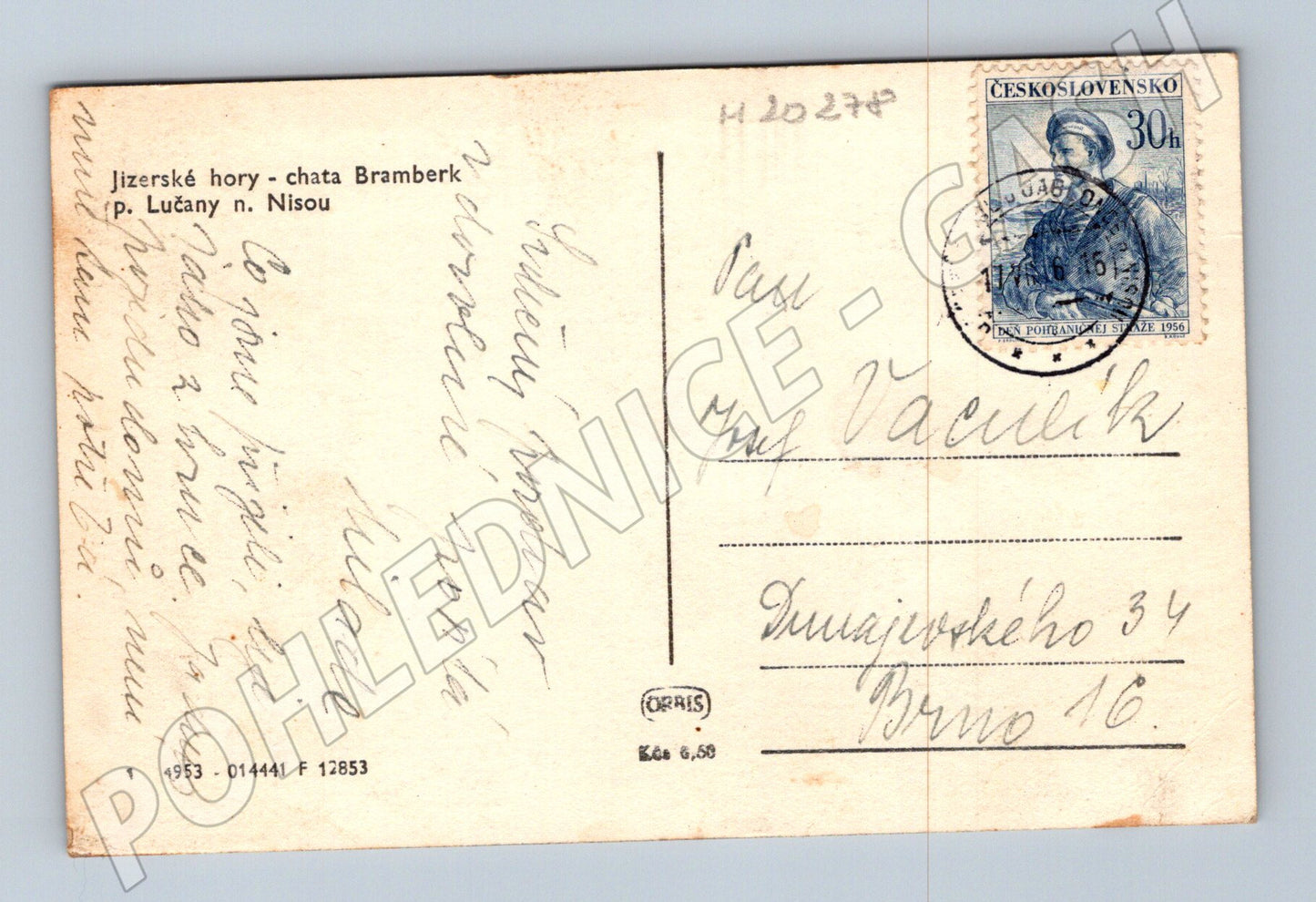 Pohlednice Jizerské hory chata Bramberk Lučany 1956 (M20278)