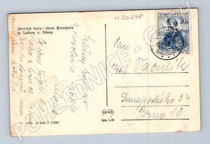 Pohlednice Jizerské hory chata Bramberk Lučany 1956 (M20278)