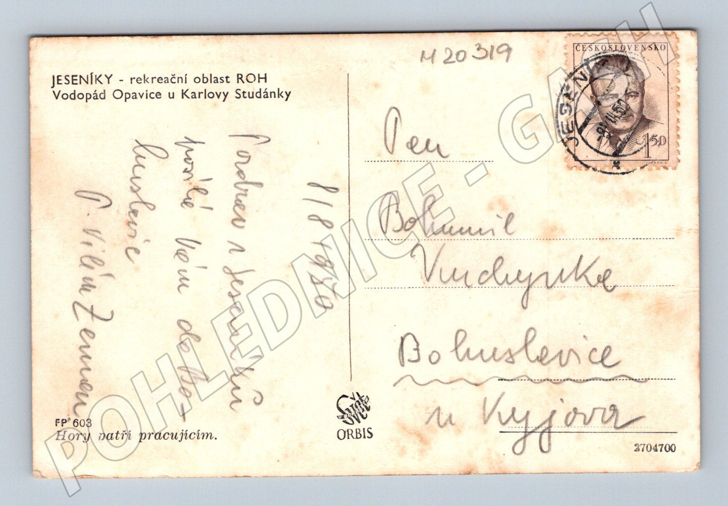 Pohlednice vodopád Opavice Karlova Studánka 1950 (M20319)