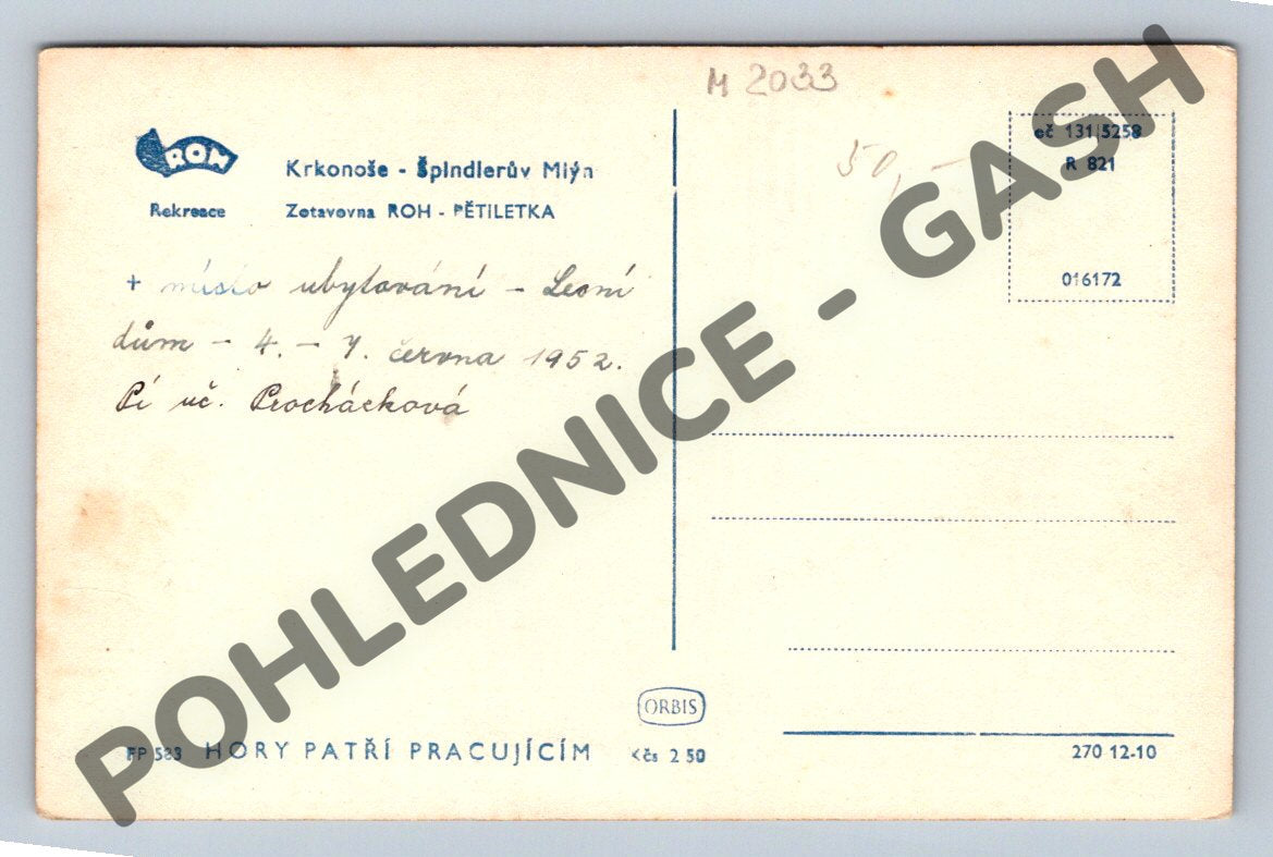 Pohlednice Špindlerův Mlýn Krkonoše zimní ROH 1952 (M2033)
