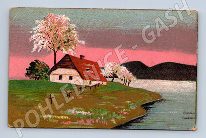 Pohlednice česká chalupa u vody 1921 (M20551)