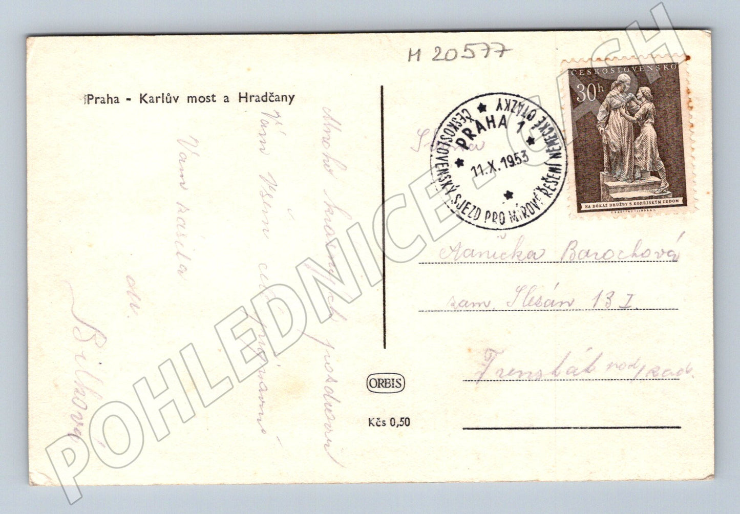 Pohlednice Praha Karlův most a Hradčany 1953 (M20577)