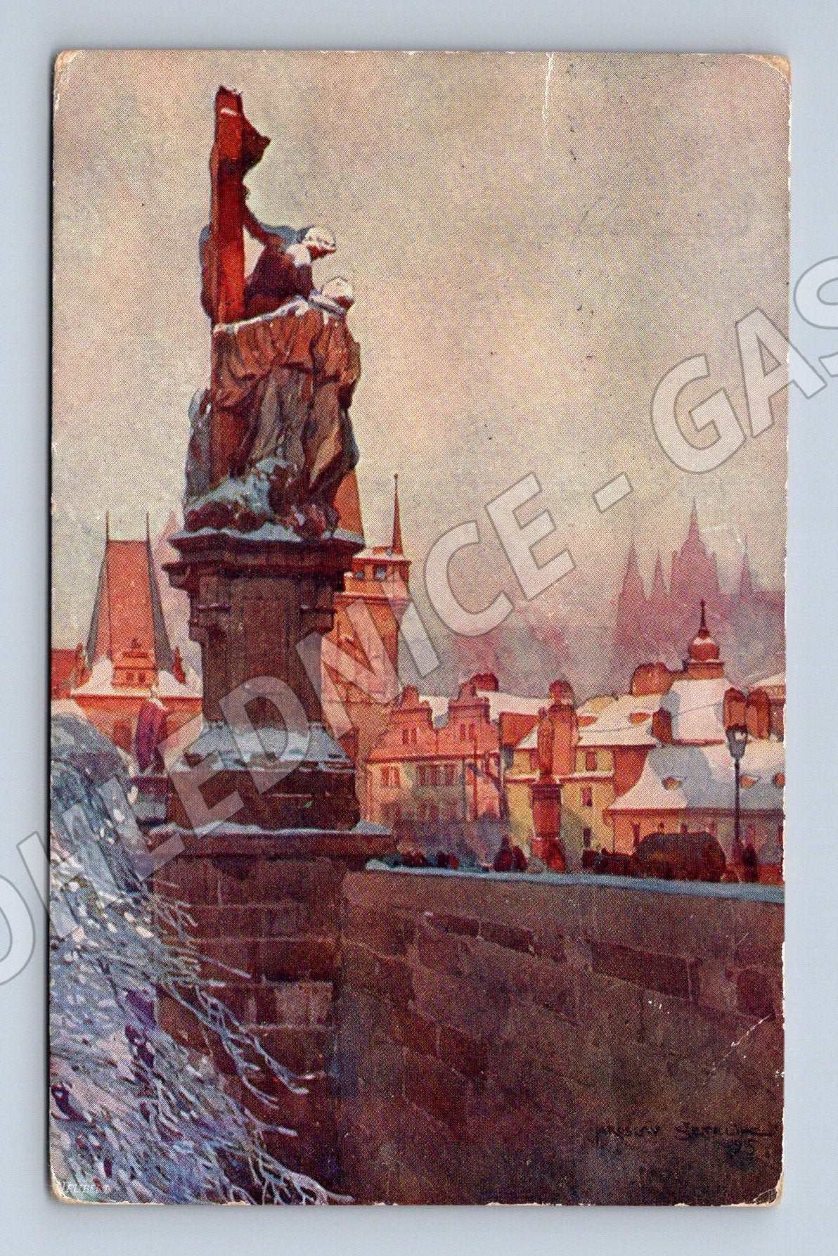 Pohlednice Praha Karlův most akvarel Šetelík 1923 (M20588)