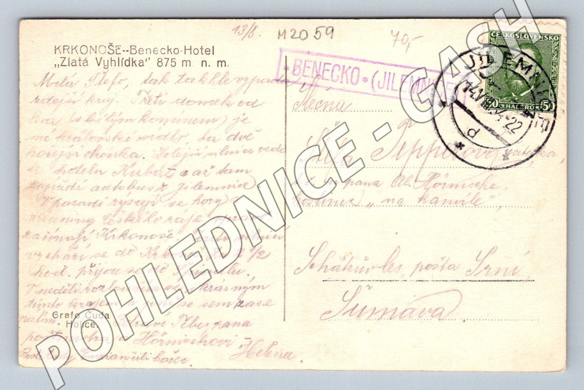 Pohlednice Krkonoše Benecko hotel Zlatá vyhlídka 1922 (M2059)