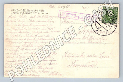 Pohlednice Krkonoše Benecko hotel Zlatá vyhlídka 1922 (M2059)
