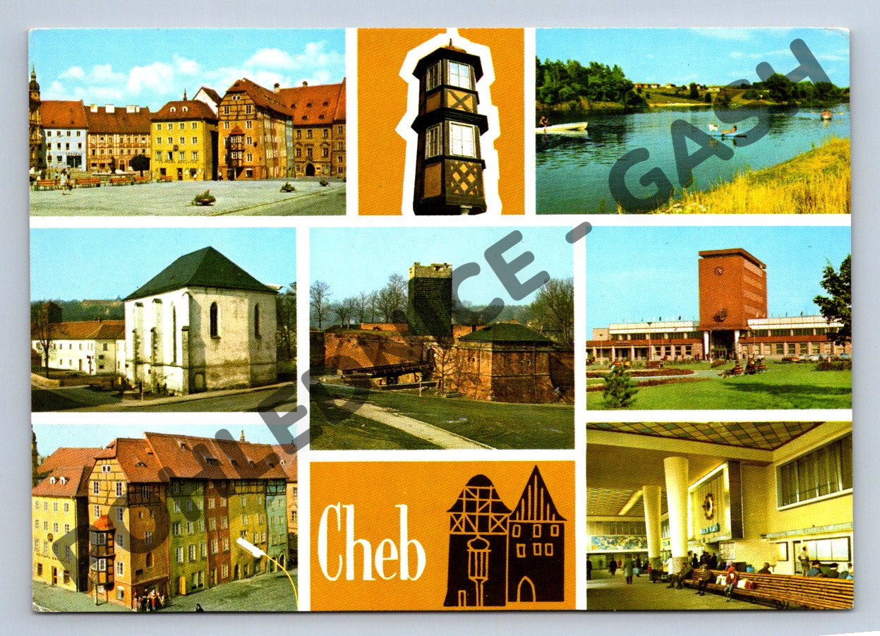Pohlednice Cheb – koláž památek, Špalíček, nádraží (M206)