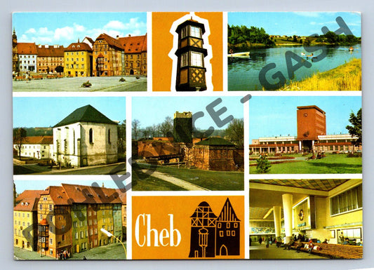 Pohlednice Cheb – koláž památek, Špalíček, nádraží (M206)
