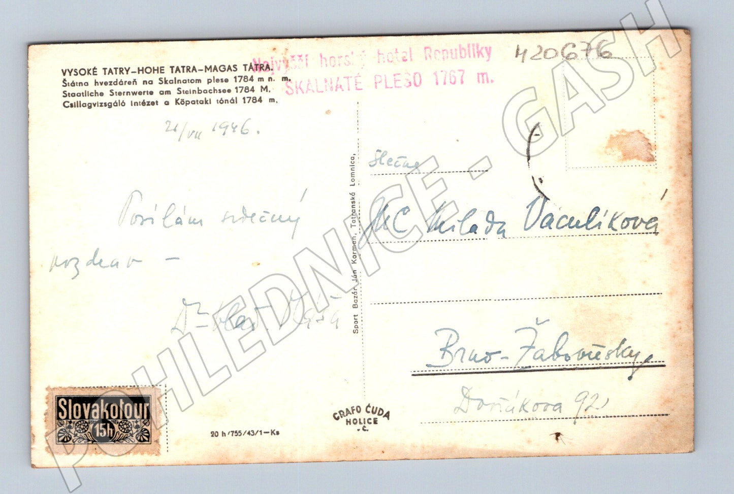 Pohlednice Skalnaté pleso hvězdárna 1946 (M20676)