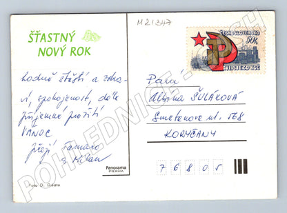 Pohlednice novoroční hodiny zelenozlatá výzdoba (M21347)