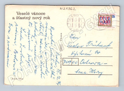 Pohlednice vánoční košík s ovocem a ořechy 1974 (M21362)