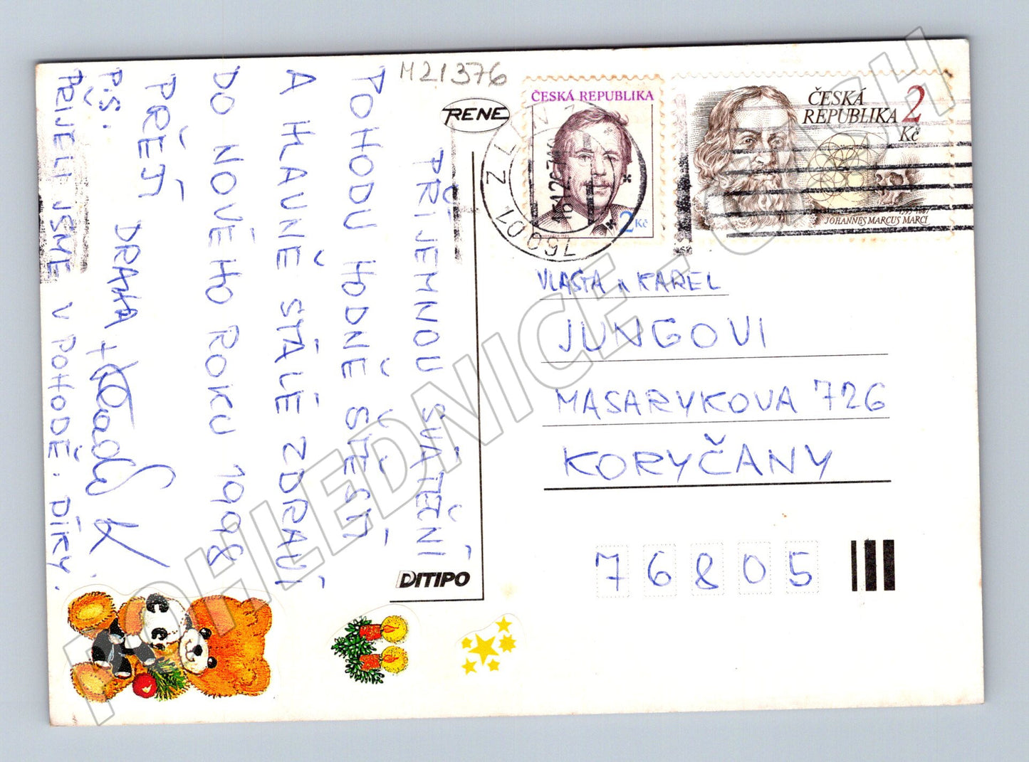 Pohlednice vánoční bílá kočka a Santa 1997 (M21376)