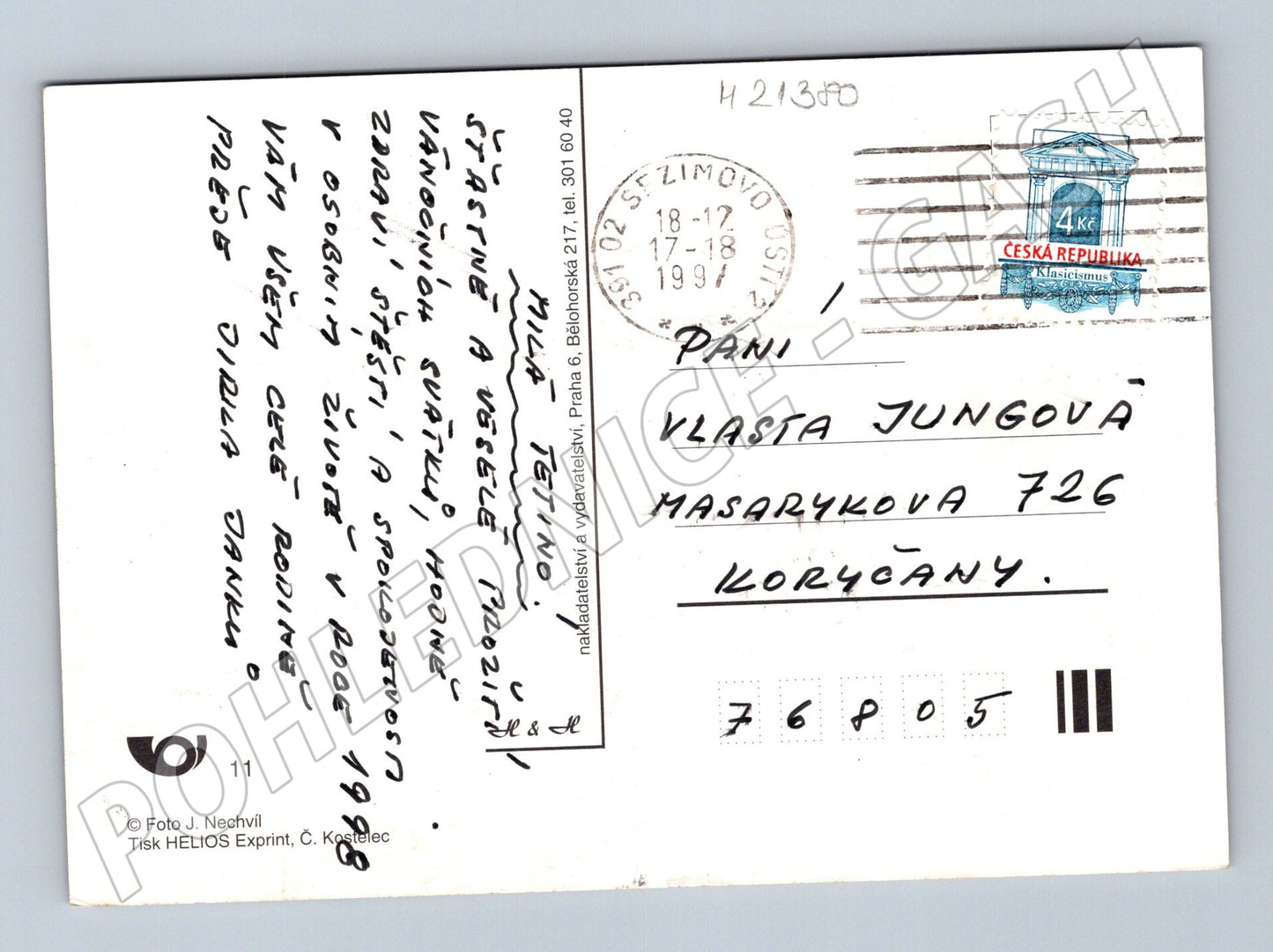 Pohlednice novoroční hodiny svíčky přípitek 1991 (M21380)