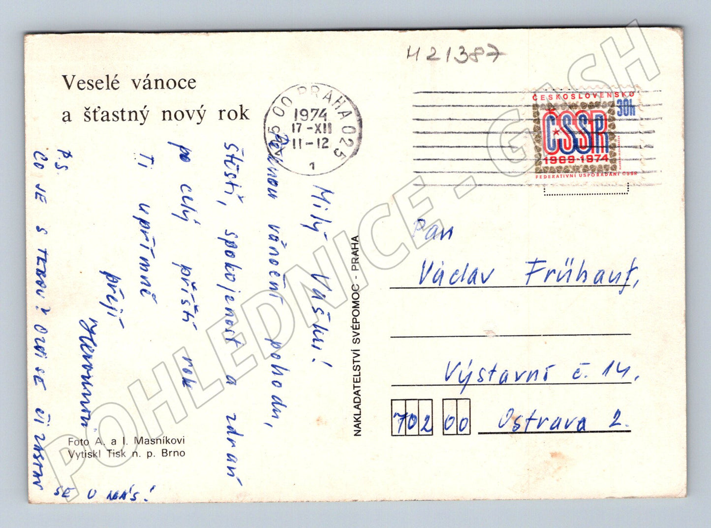 Pohlednice vánoční ovoce svíčka psaná 1974 (M21387)
